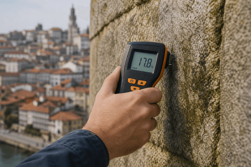 Moisture meter reading on damp stone wall